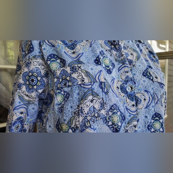 VTG 90s Alia Petite Blue Floral Geometric 3/4 Sleeves Buttons Up Shirt Top 8P - Picture 3 of 7